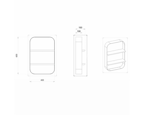 Technický nákres nástěnné police se dvěma policemi a zaoblenými rohy