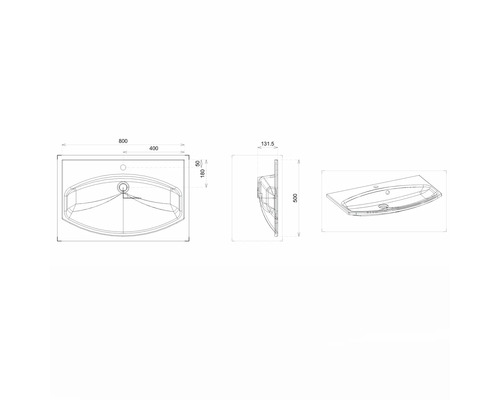 Technický výkres umyvadla s rozměry.
