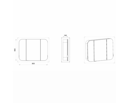Technický nákres zrcadlové skříňky s rozměry