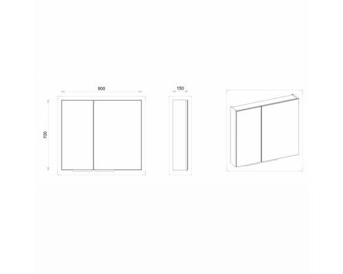 Technický nákres zrcadlové skříňky o rozměrech 800 x 700 x 150 mm.