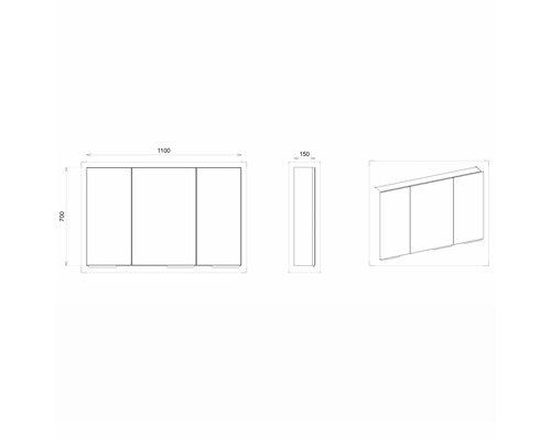 Technický nákres zrcadlové skříňky se třemi dvířky a rozměry