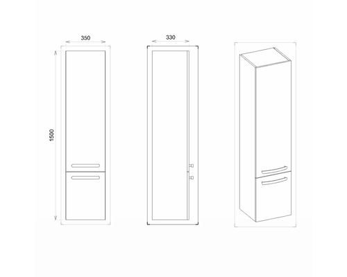 Technický nákres koupelnové skříňky o rozměrech 350 x 330 x 1500 mm