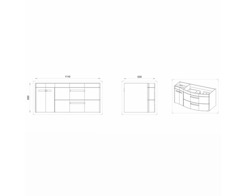 Technický výkres skříňky pod umyvadlo s rozměry.