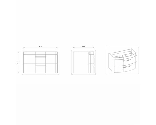 Technický nákres skříňky pod umyvadlo se zásuvkami a rozměry.