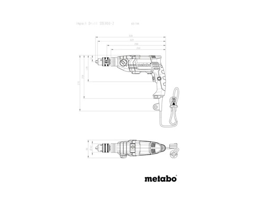 Technický nákres příklepové vrtačky Metabo SBE800-2 s rozměry