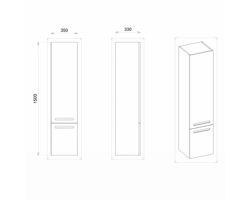 Technický nákres vysoké koupelnové skříňky o rozměrech 350 x 330 x 1500 mm.