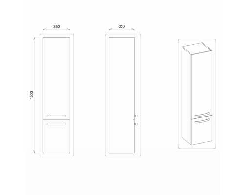 Technický nákres koupelnové vysoké skříně s rozměry.
