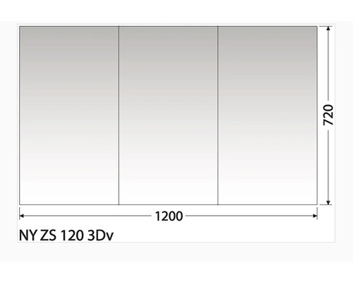 Výkres zrcadlové skříňky o rozměrech 1200 x 720 milimetrů.