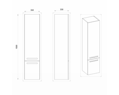 Nákres vysoké skříně s rozměry: výška 1500 mm, šířka 350 mm a hloubka 330 mm.