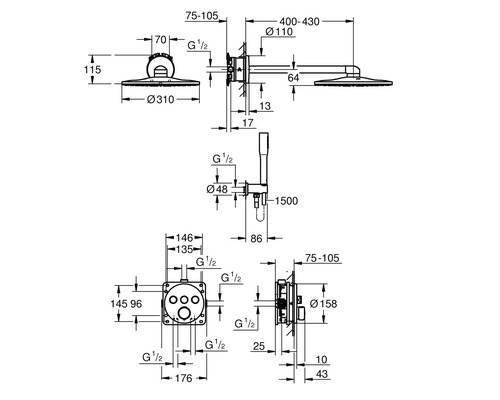 Technický nákres sprchové armatury s rozměry