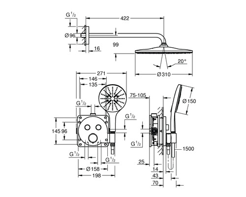 Technický nákres sprchového systému s rozměry