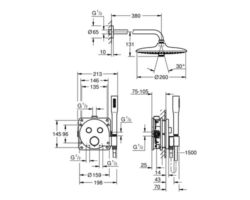 Technický nákres sprchové baterie s rozměry