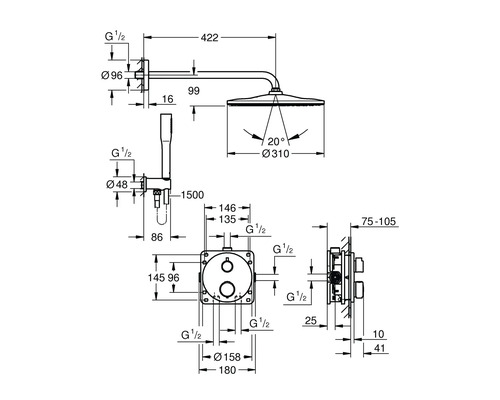 Technický nákres sprchové armatury s rozměry