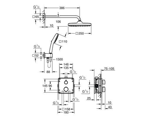 Technický výkres sprchového systému s rozměry