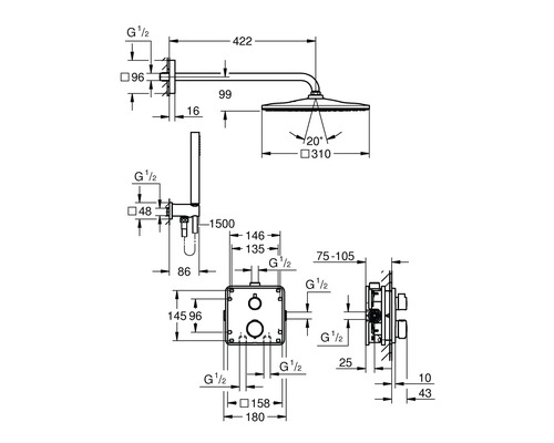 Technický výkres sprchového systému s rozměry