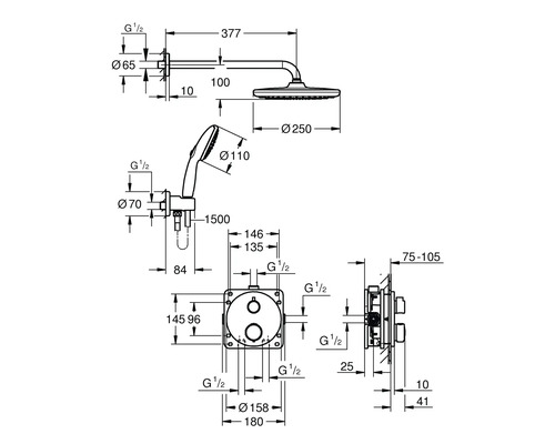 Technický nákres sprchové soupravy s rozměry