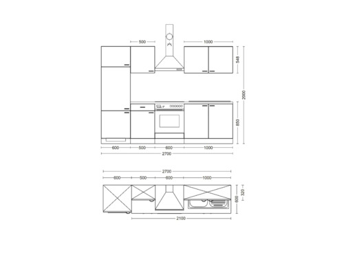 Nákres kuchyně s rozměry