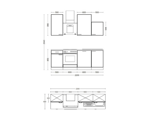 Rozvržení kuchyně s rozměry pro plánování