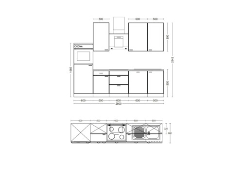 Nákres kuchyňské linky s rozměry