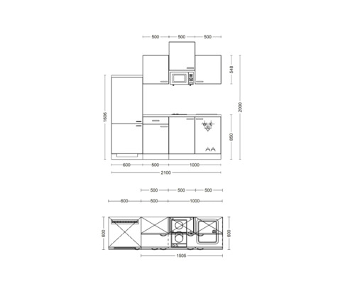 Plán kuchyně s rozměry pro plánování kuchyně