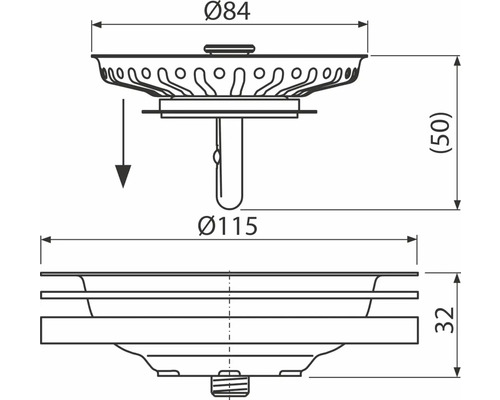 Technický nákres dřezového ventilu o rozměrech 84, 115, 50 a 32 mm.