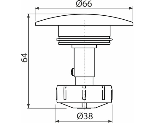 Technický nákres výpustného ventilu o rozměrech 66 milimetrů a průměru 38 milimetrů a výšce 64 milimetrů.