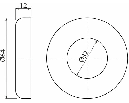Technický nákres podložky o rozměrech 64 mm vnější průměr, 32 mm vnitřní průměr a 12 mm tloušťka