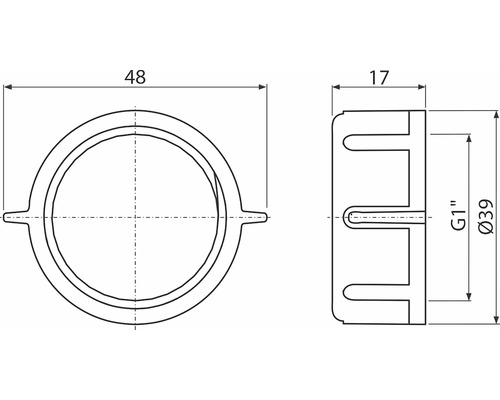 Technický nákres hadicové spojky s rozměry 48 mm, 17 mm a G1 palec