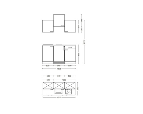 Technický výkres kuchyňské linky s rozměry