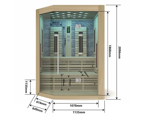 Technický nákres infra sauny s rozměry