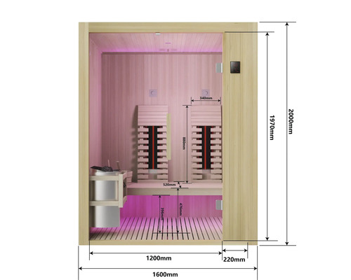 Vnitřní pohled na saunu s rozměry