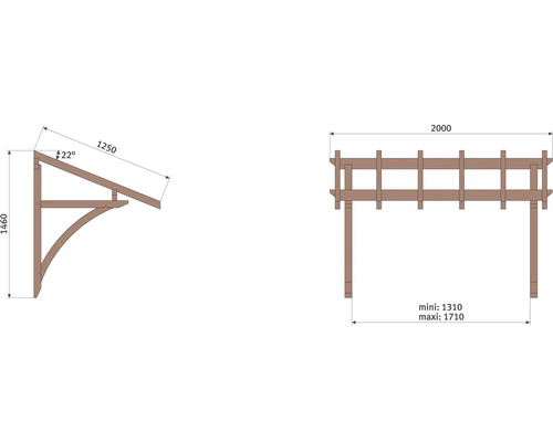 Technický nákres pergoly s rozměry