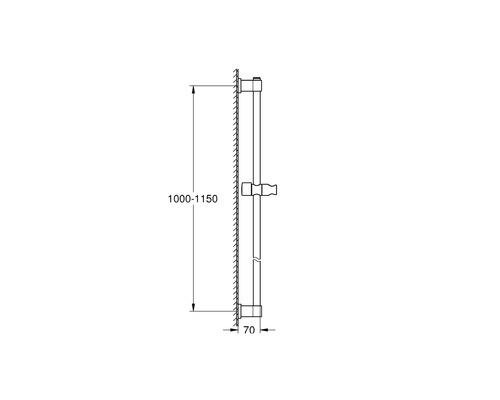 Technický výkres sprchové tyče s výškou 1000 až 1150 milimetrů a hloubkou 70 milimetrů.