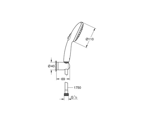 Technický výkres ruční sprchy s rozměry.