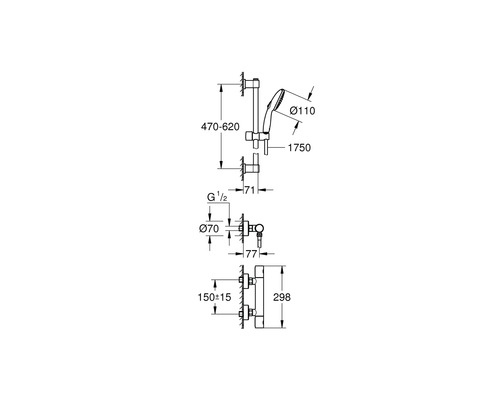 Technický nákres sprchového setu s rozměry