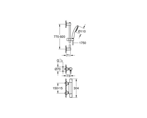 Technický výkres sprchové soupravy s rozměry