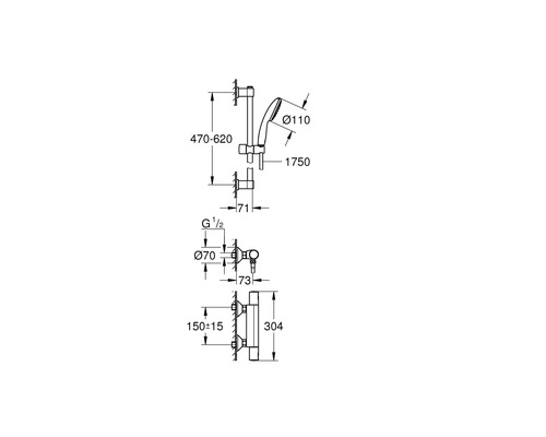 Technický výkres sprchového setu s rozměry