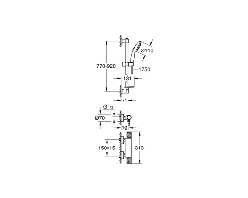 Technický výkres sprchové tyče s rozměry