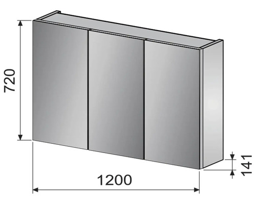 Obrázek zrcadlové skříňky o rozměrech 720 x 1200 x 141 milimetrů.