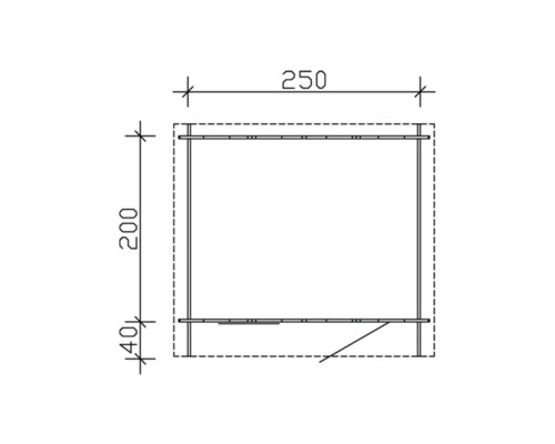 Technický nákres zahradního boxu o rozměrech 250 x 200 x 40 cm