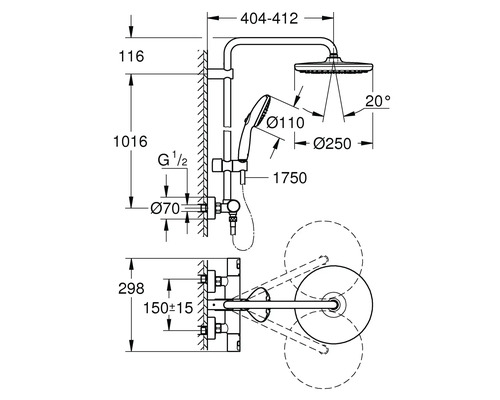 Technický nákres sprchové armatury s rozměry