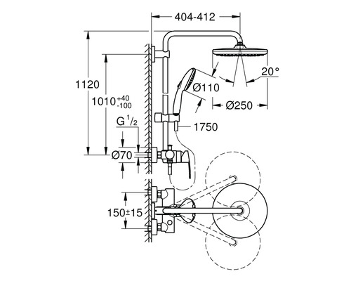 Technický výkres sprchového systému s rozměry
