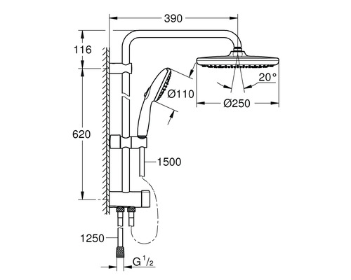 Technický nákres sprchové sady s rozměry