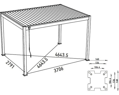 Nákres volně stojící pergoly s rozměry