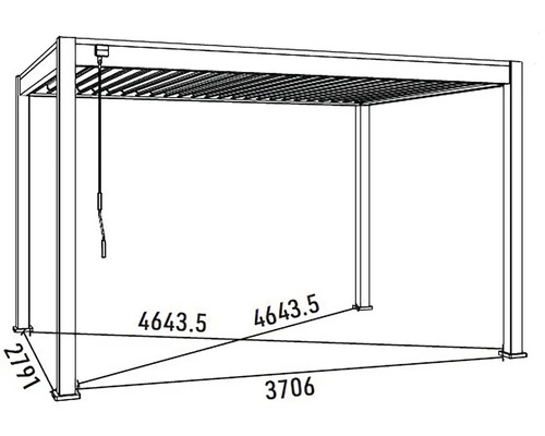 Technický nákres pergoly s údaji o šířce, výšce a délce