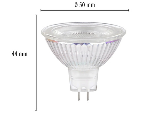 Žárovka MR16 o průměru 50 mm a výšce 44 mm.