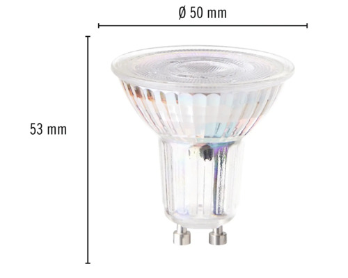 Žárovka GU10 o rozměrech 50 milimetrů v průměru a 53 milimetrů na délku
