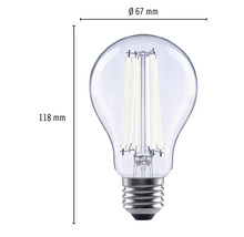 Obrázek čiré LED žárovky s paticí E27 a rozměry 118 mm výška a 67 mm průměr.