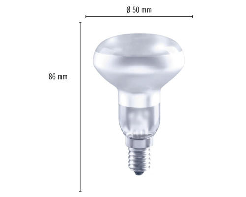 Reflektorová žárovka s rozměry 86 mm výška a 50 mm průměr.