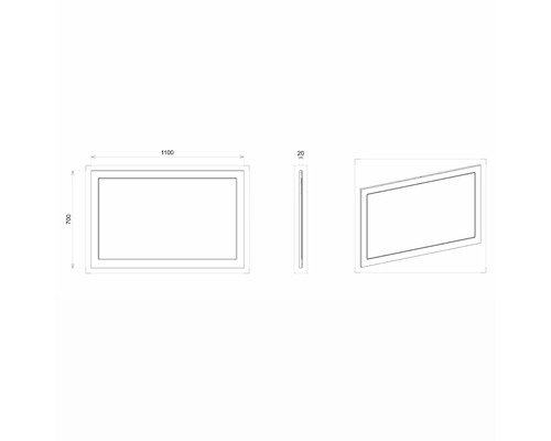 Technický nákres obdélníkového zrcadla o rozměrech 1100 x 700 x 20 mm.